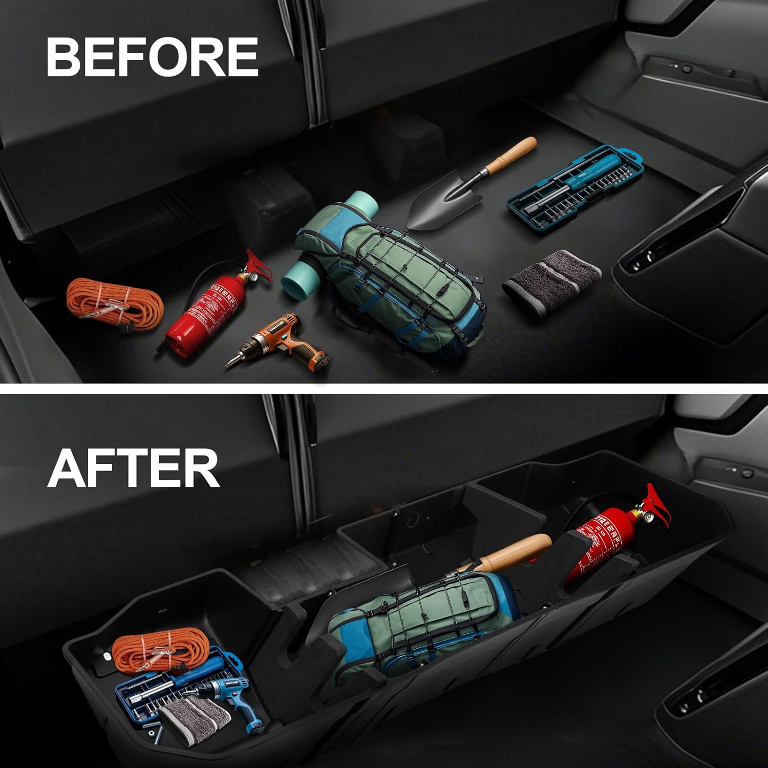 Underseat Storage Box Compatible with 2014-2018 Chevy Silverado/GMC Sierra LD, 2015-2019 Silverado/Sierra HD Crew Cab, Black Rear Under Seat Extra Cargo Store