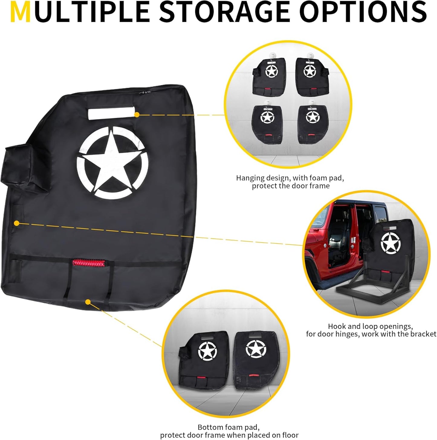 Door Storage Bags Compatible with 1976-2025 Jeep Wrangler YJ TJ JK JL 4XE Gladiator JT Accessories Car Doors Storage Cover with Hangers Design, Hinges Cut, Mirror Organizer Bag, Handles, 2 Pack