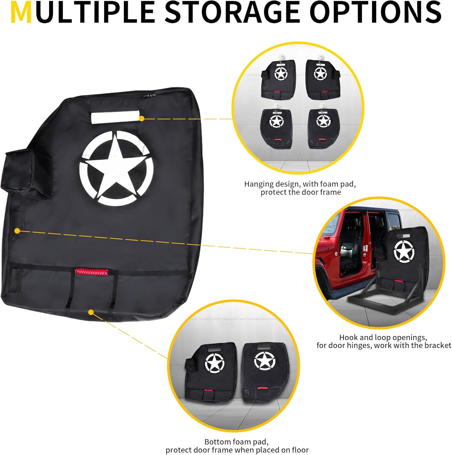 Door Storage Bags Compatible with 1976-2025 Jeep Wrangler YJ TJ JK JL 4XE Gladiator JT Accessories Car Doors Storage Cover with Hangers Design, Hinges Cut, Mirror Organizer Bag, Handles, 2 Pack