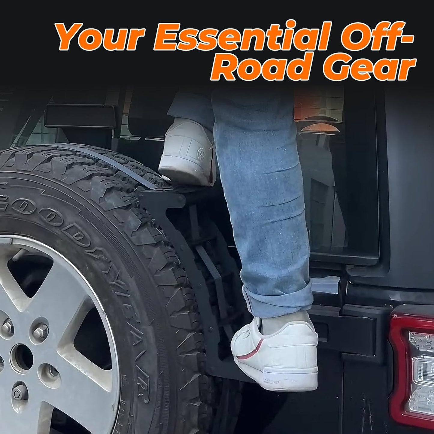 Spare Tired Step for SUV, Truck and RV with 5m Ratchet Strap Fit for 24"-35" Tires, No Drill Install