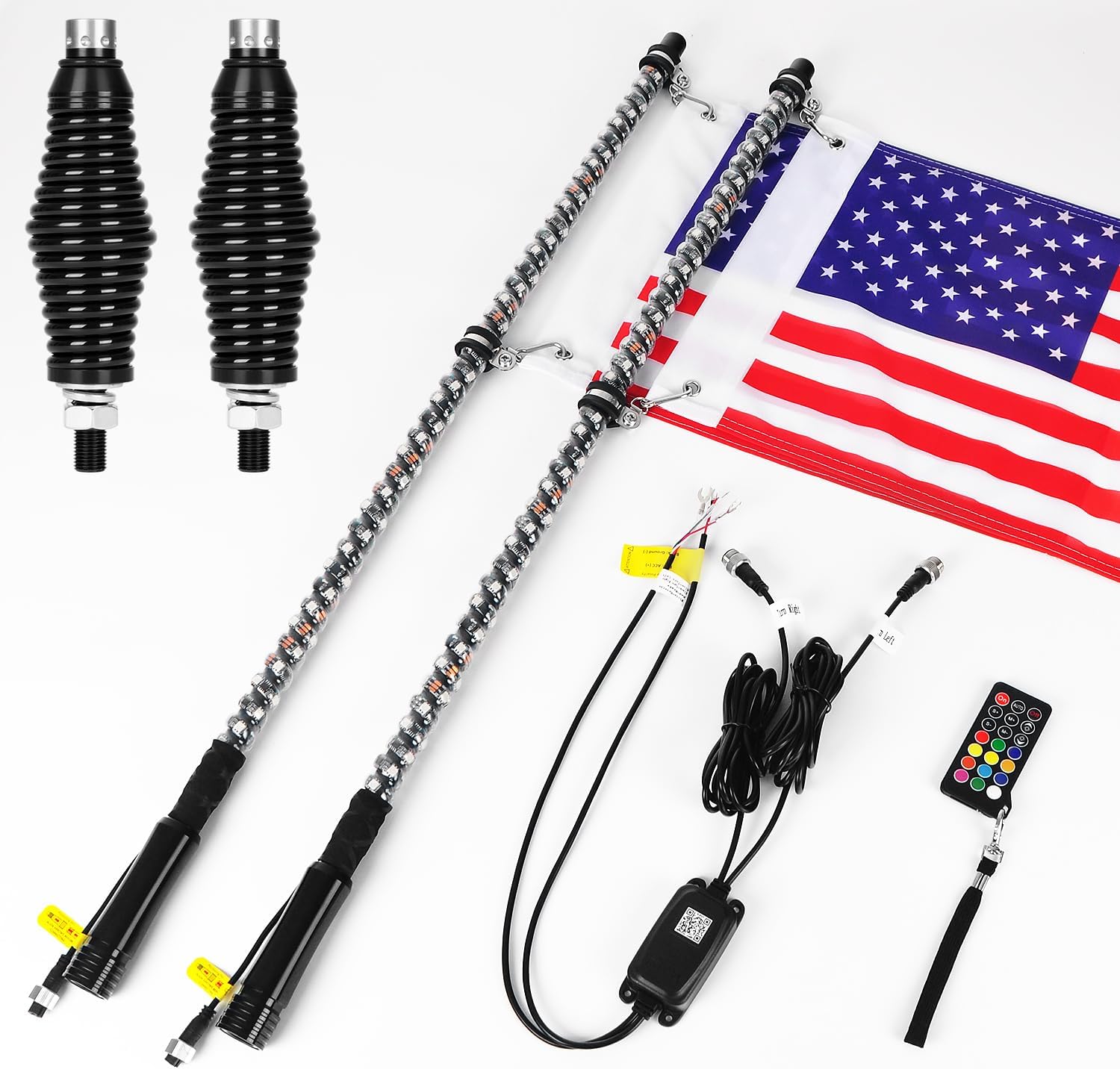 OHMU 2pcs 3FT Led Whip Lights with Bluetooth,Remote Control [Spring Base] [300 Colors] [366 Lighting Modes] 360°Spiraling Rising Dream Wrapped Dancing Offroad Warning Antenna Whips for Side by Side