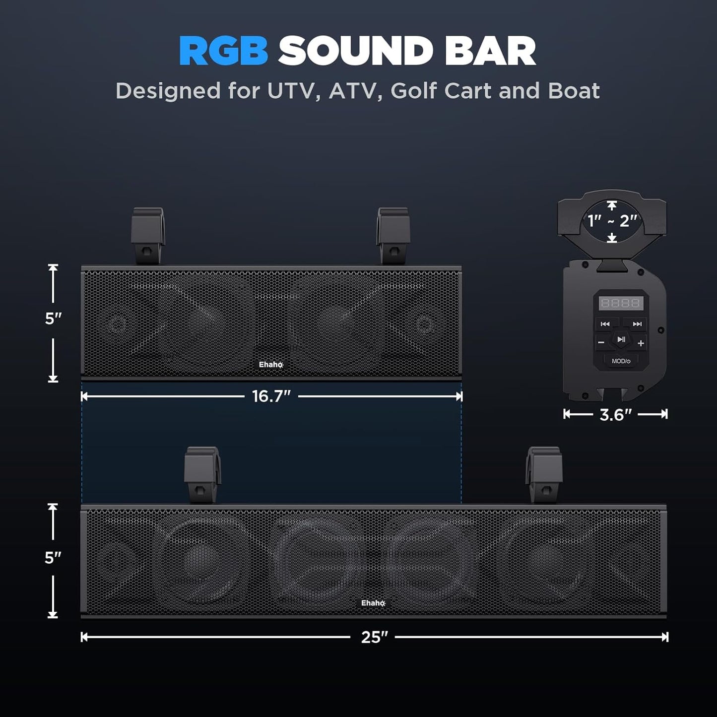 25 Inch UTV Sound Bar, ATV SoundBar Bluetooth with RGB Lighting, Amplified Powersports SXS Sound Bar, Waterproof Golf Cart Sound Bar, UTV Speakers Compatible with Polaris RZR Can-Am