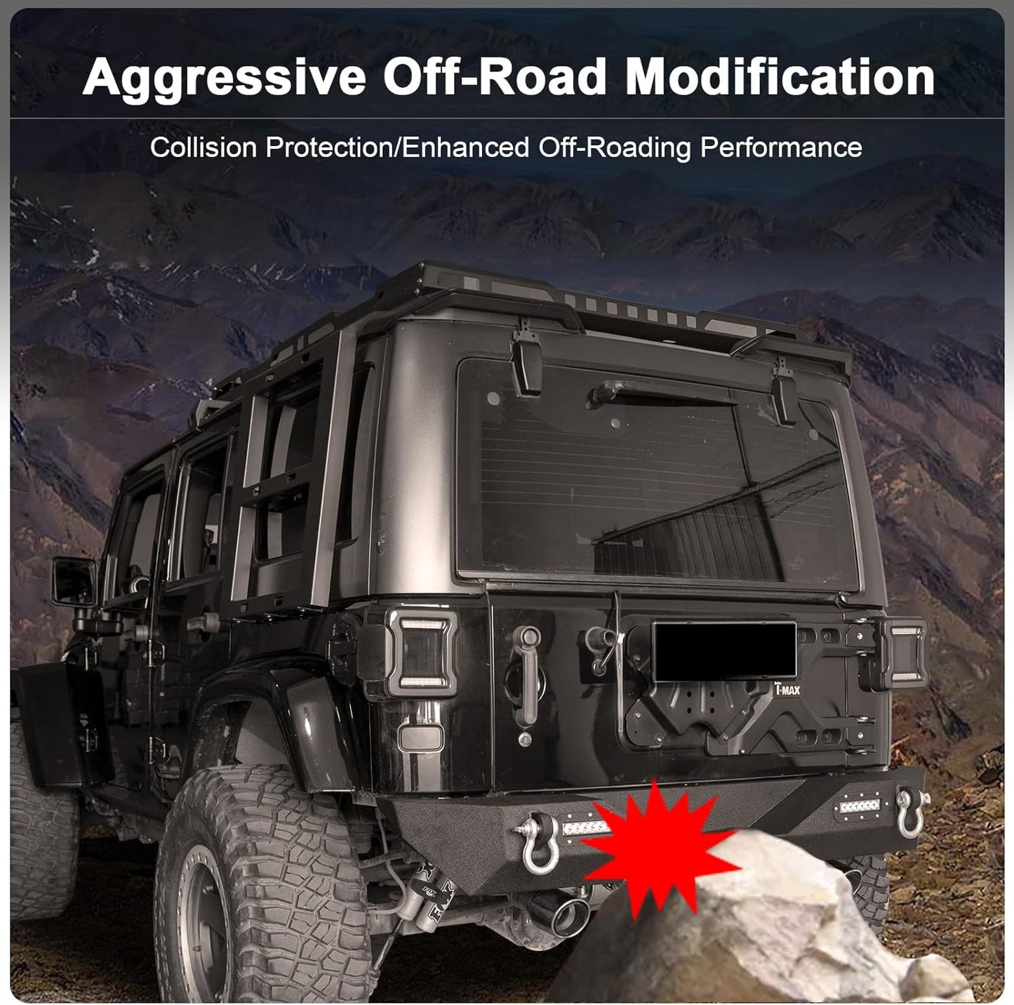 Rear Bumper compatible with Jeep Wrangler JK 2007-2018 JKU Unlimited,Steel Rear Bumper with D-rings and 2 LED Lights,Carbon Steel Black Powder-Coated