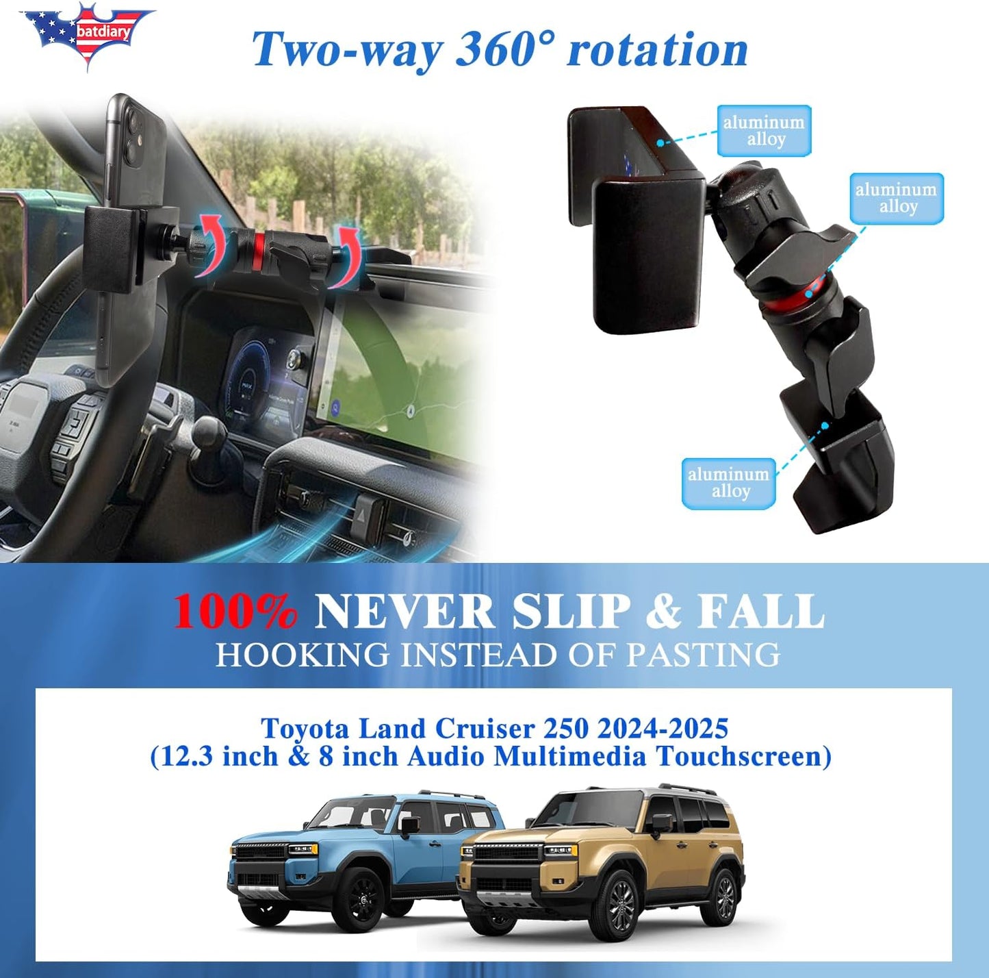 Aluminum Phone Mount for Toyota Land Cruiser 250 2024-2025 for iPhone 16/15 Pro Max, Galaxy S24