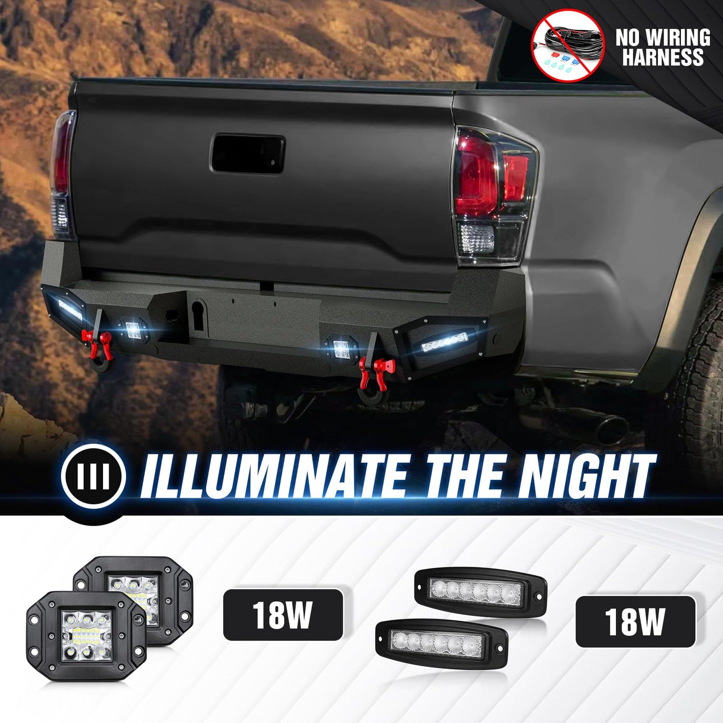 Rear Bumper Compatible with 2016-2023 Toyota Tacoma 3rd Gen with 4 x 18W LED Lights, Paintable Armor & D-rings, Sensor Holes