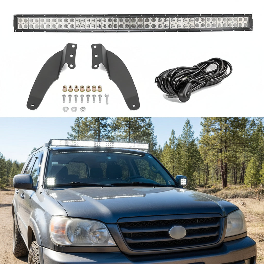 Dasen 42" 240W Curved LED Light Bar & Upper Roof Windshield Mount Brackets w/Wiring Kit Compatible with Toyota Tacoma 1995-2004, Fit 4Runner 1995-2002