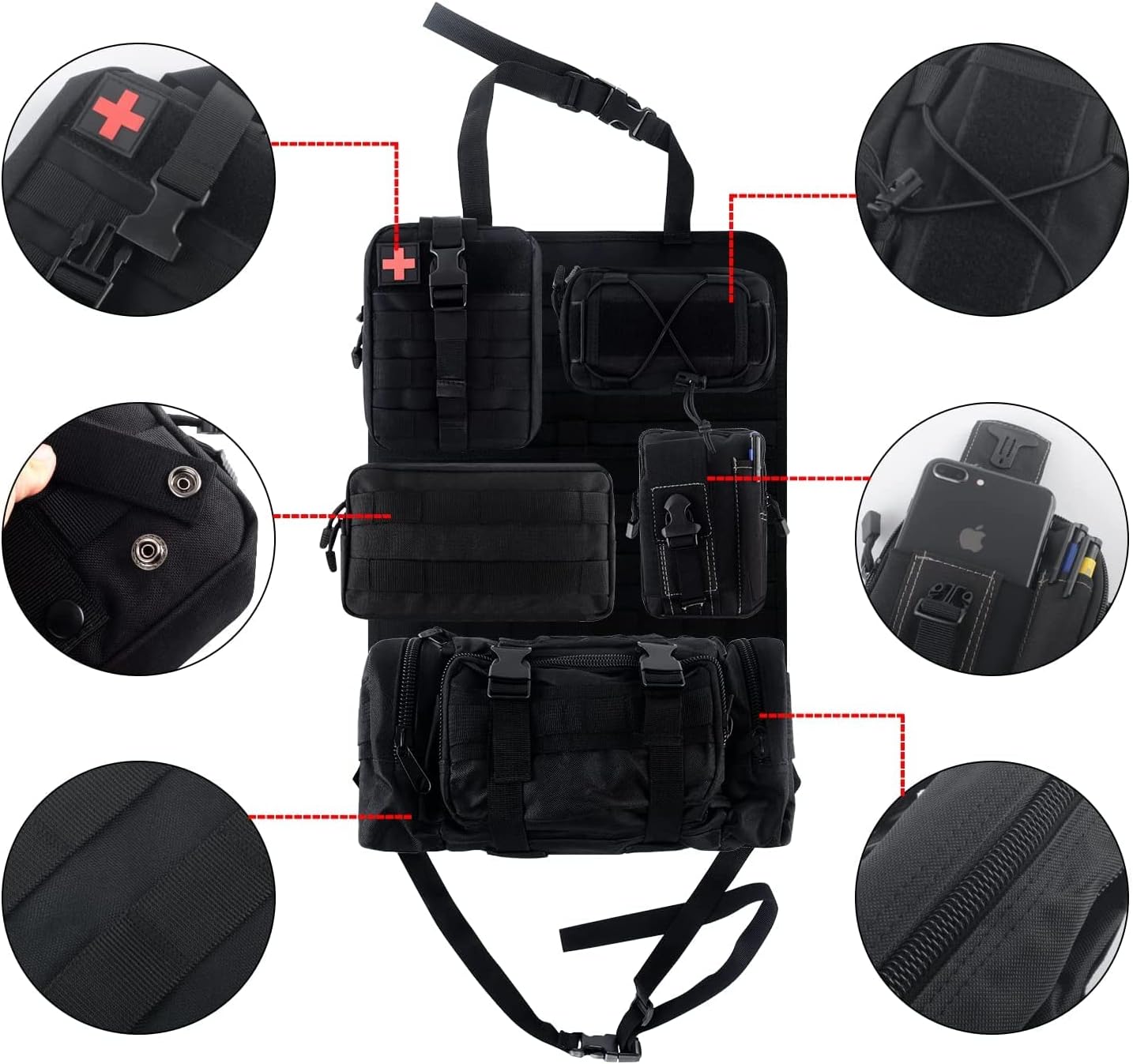 Universal Tactical Car Seat Back Organizer Patrol Bag Tactical Molle Vehicle Organizers with 5 Detachable Molle Pouches Multi-function Designed