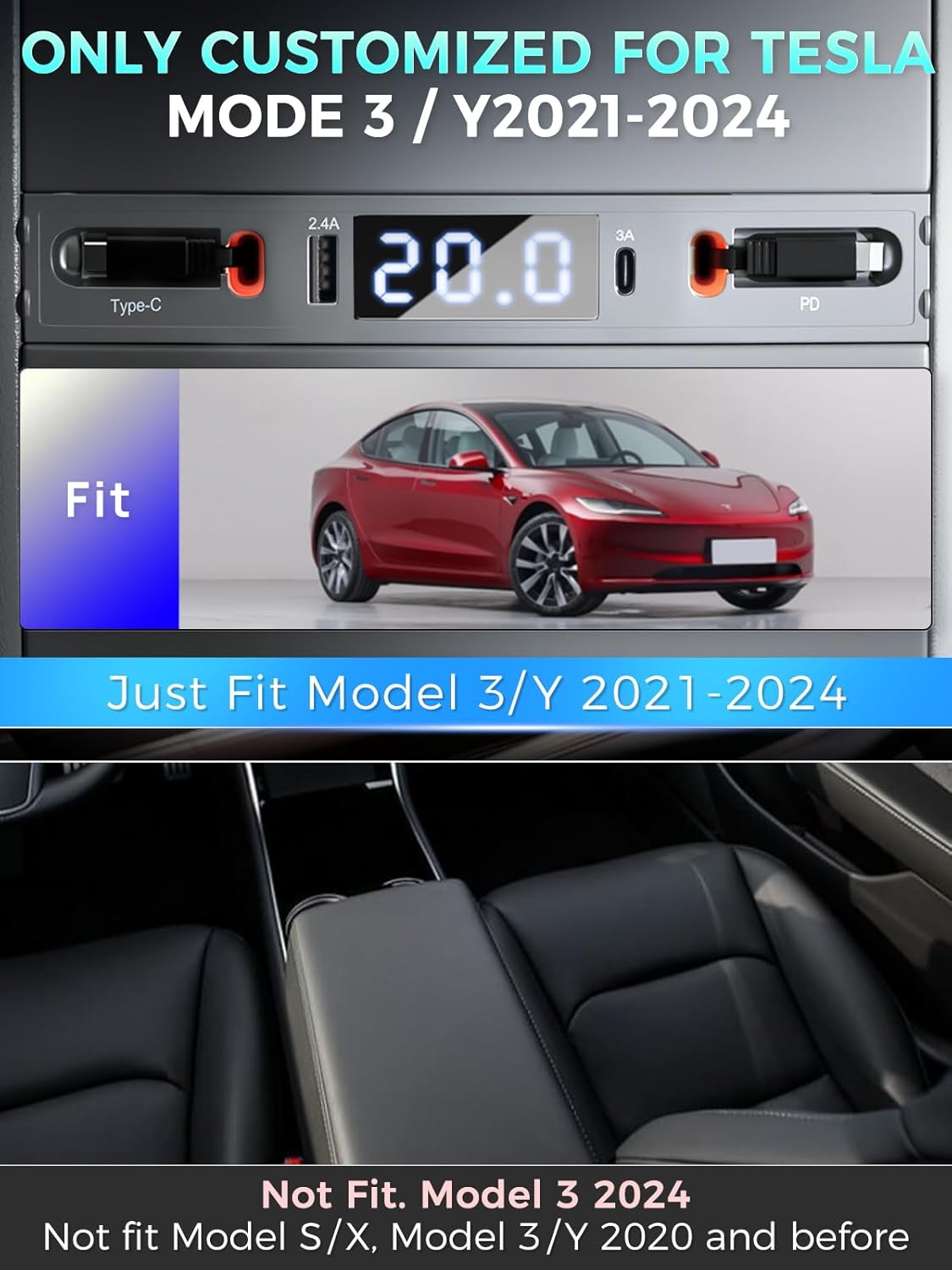 USB Hub for Tesla Model 3 Model Y 2021 - 2024 (Not Fit Model 3 2024)