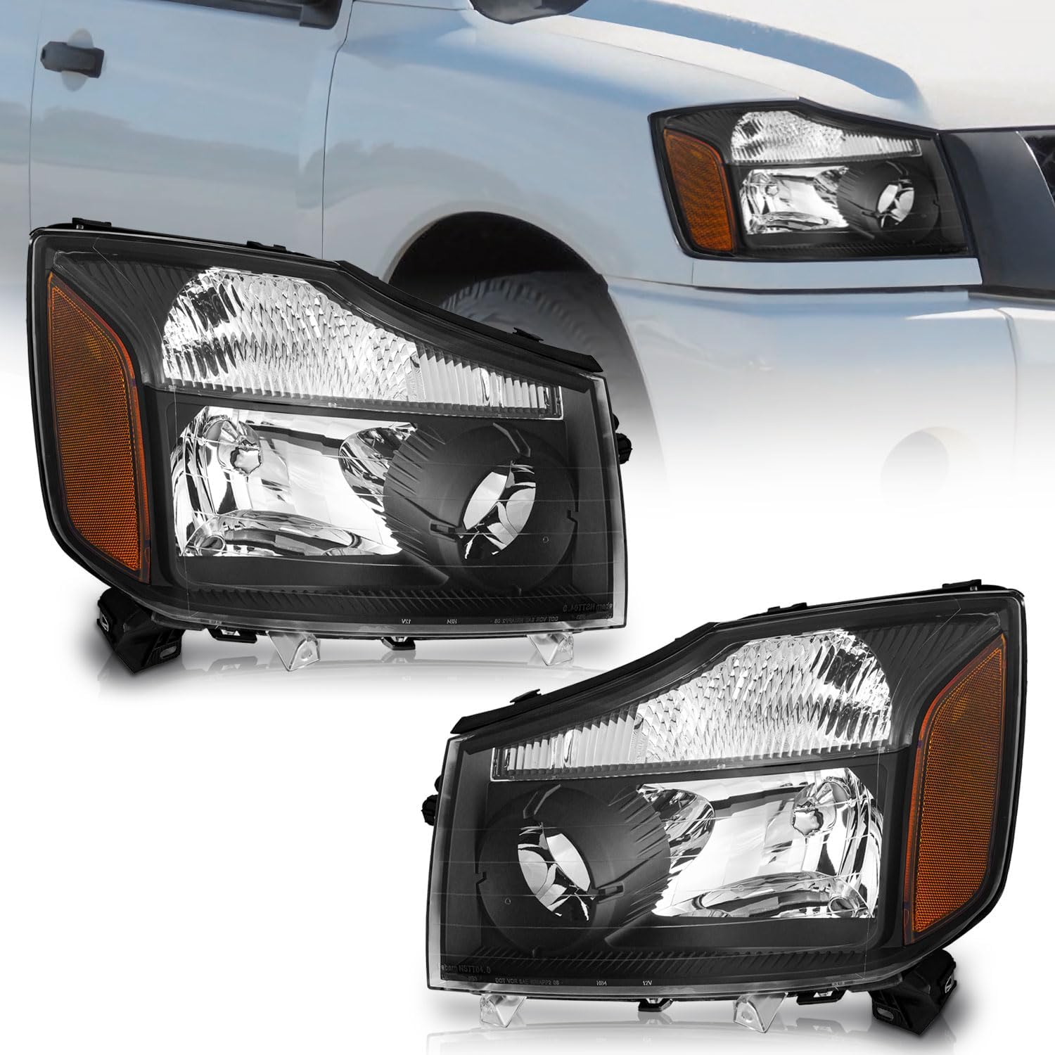 Headlights for 2004-2015 Nissan Titan & 2004 Pathfinder Armada - Black/Chrome Housing, Amber Reflector, 2005-2007 Armada Headlamp Replacement