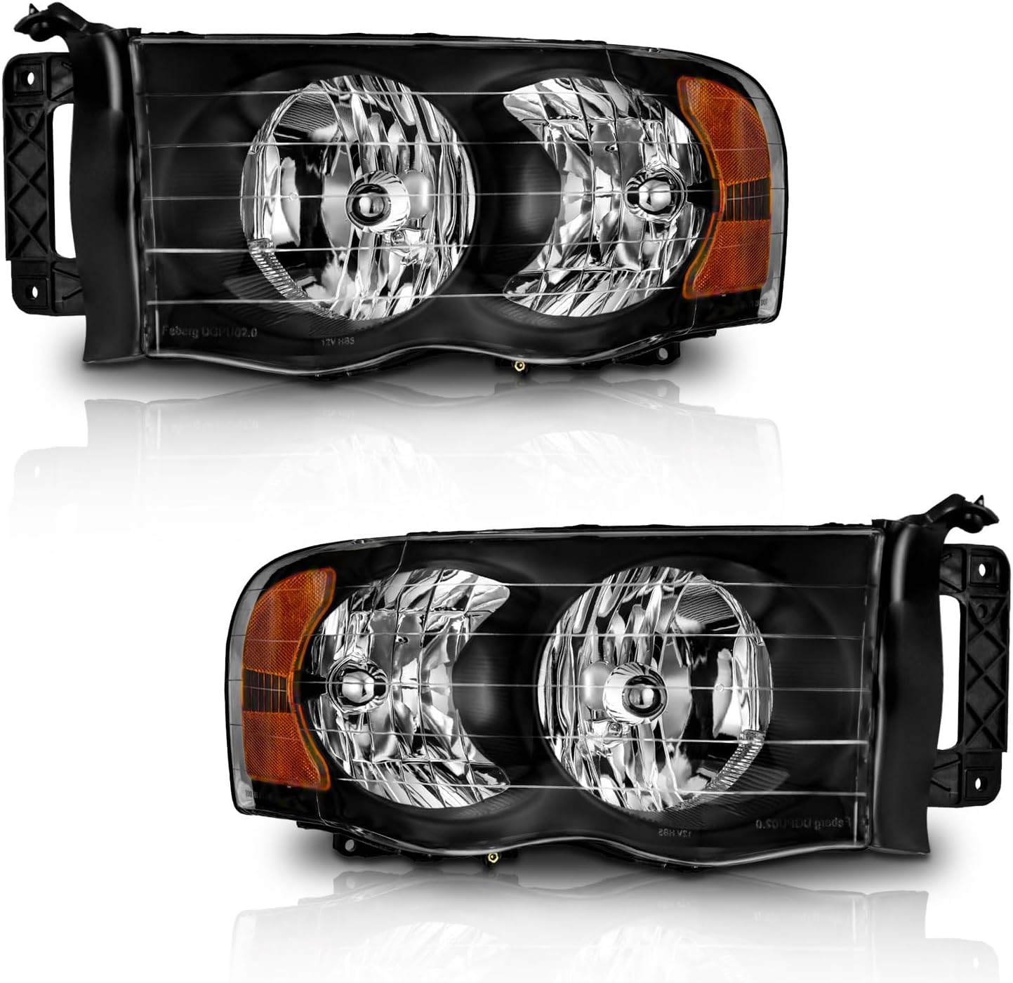 Headlight for 02-05 Dodge Ram 1500 Pickup Headlamp for 03-05 Dodge Ram 2500/3500 Pickup Pair Black/Chrome Housing Amber Reflector Left+Right Side