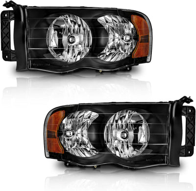 Headlight for 02-05 Dodge Ram 1500 Pickup Headlamp for 03-05 Dodge Ram 2500/3500 Pickup Pair Black/Chrome Housing Amber Reflector Left+Right Side