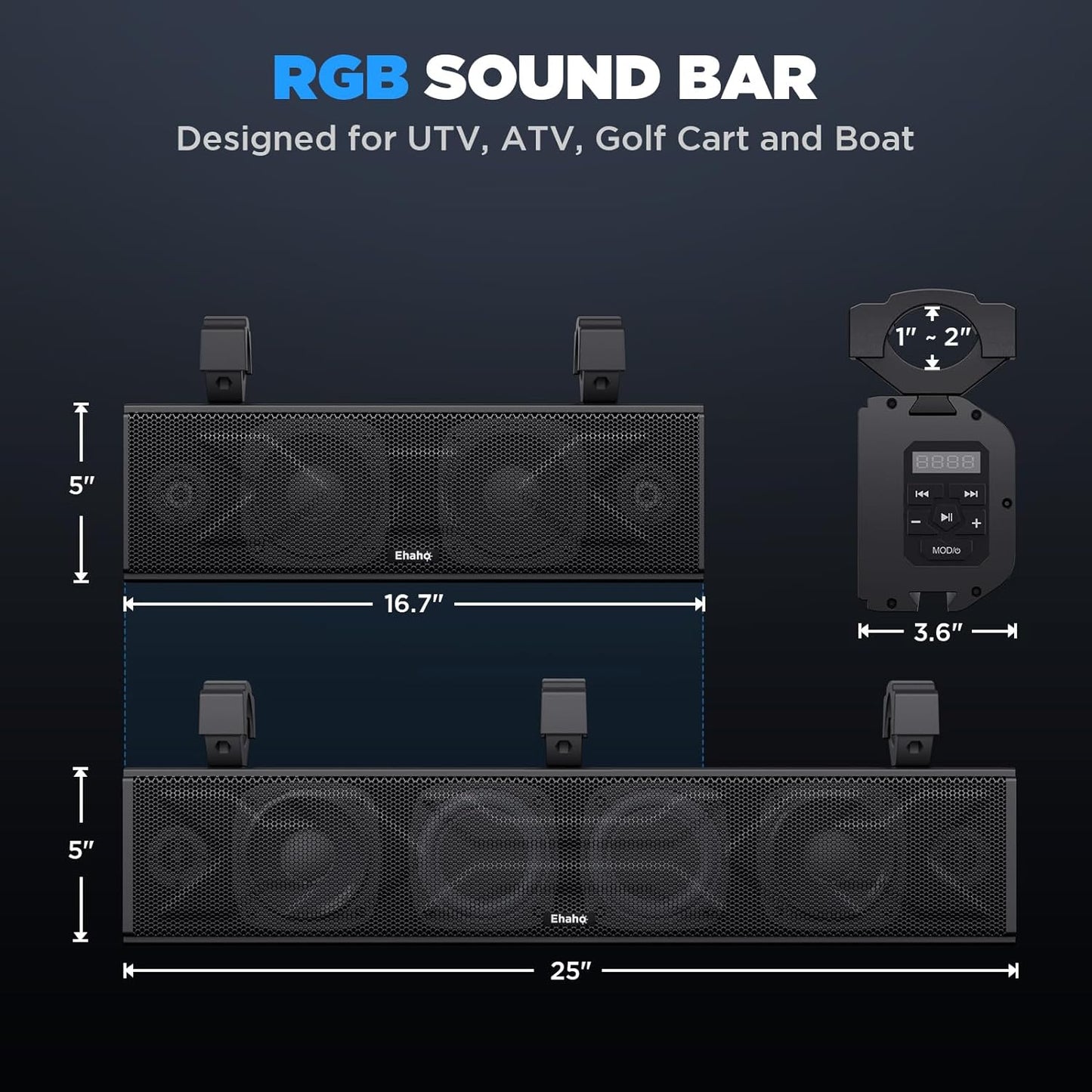 25 Inch UTV Sound Bar, ATV SoundBar Bluetooth with RGB Lighting, Amplified Powersports SXS Sound Bar, Waterproof Golf Cart Sound Bar, UTV Speakers Compatible with Polaris RZR Can-Am