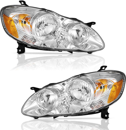 2003-2008 Toyota Corolla Headlights Assembly - Black/Chrome Housing, Amber Reflector (Left + Right Pair Set) for Replacement - OMOTOR