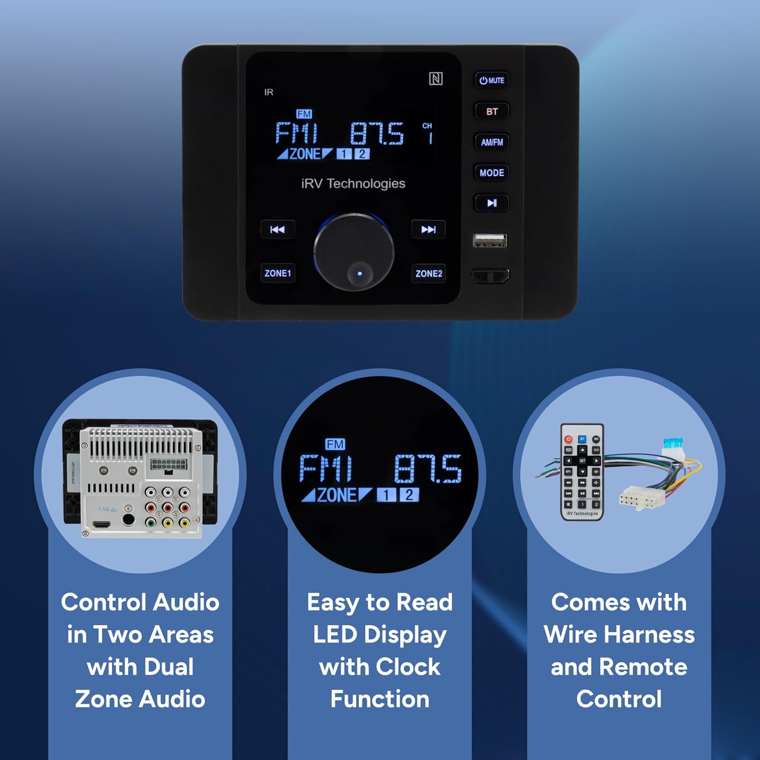 IRV 37 RV Mechless Stereo Unit AM/FM Radio/Bluetooth | Remote Included | LCD Display | Clock