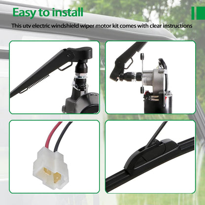 Xislet UTV Electric Windshield Wiper Kit Compatible with Polaris Ranger RZR Can Am Kawasaki Honda Pioneer Golf Cart Tractor with 12V Motor/2pcs 16inch Blades/Instructions