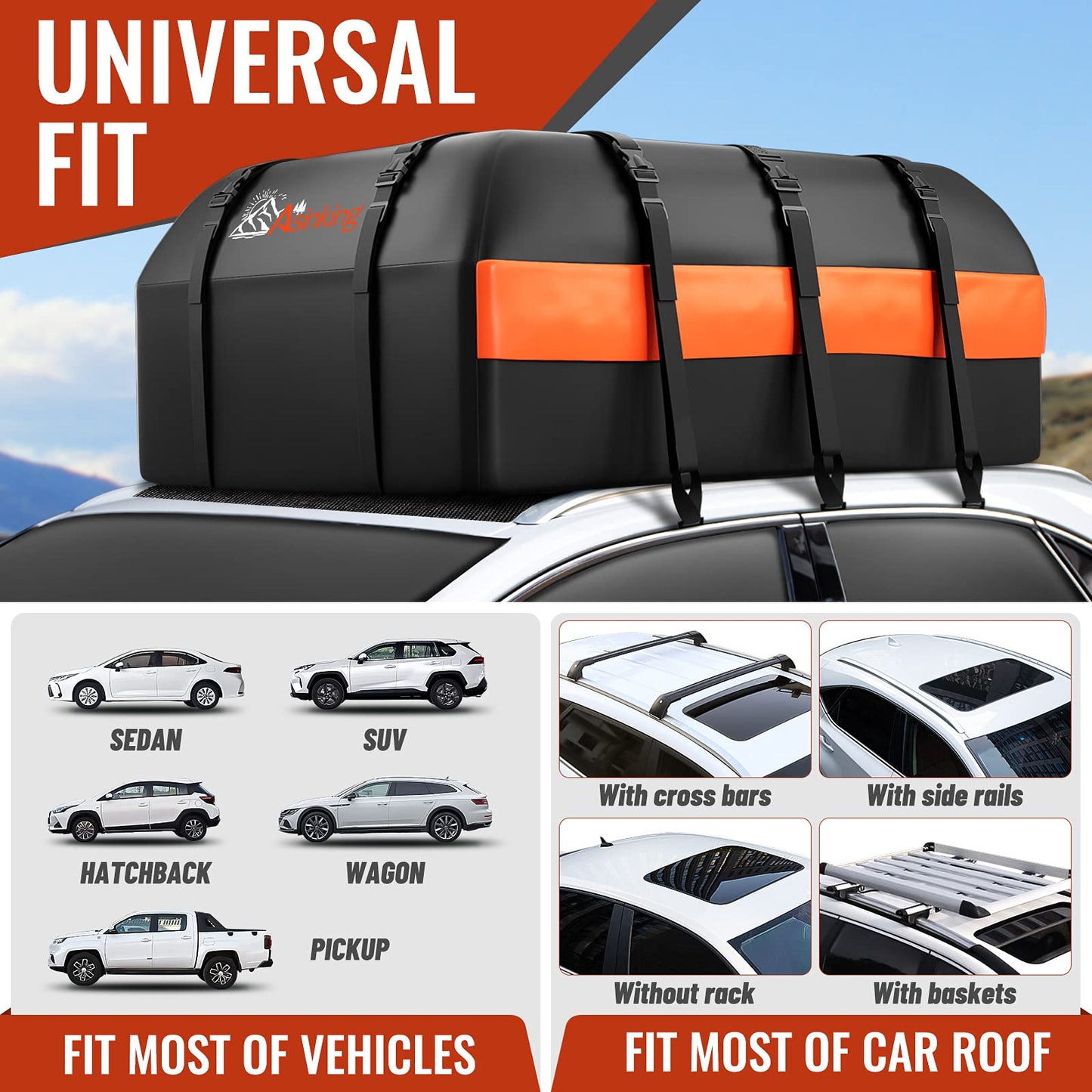 Car Rooftop Cargo Carrier Bag, 15 Cubic Feet Waterproof Heavy Duty 840D Car Roof Bag for All Vehicle with/Without Racks - Anti-Slip Mat