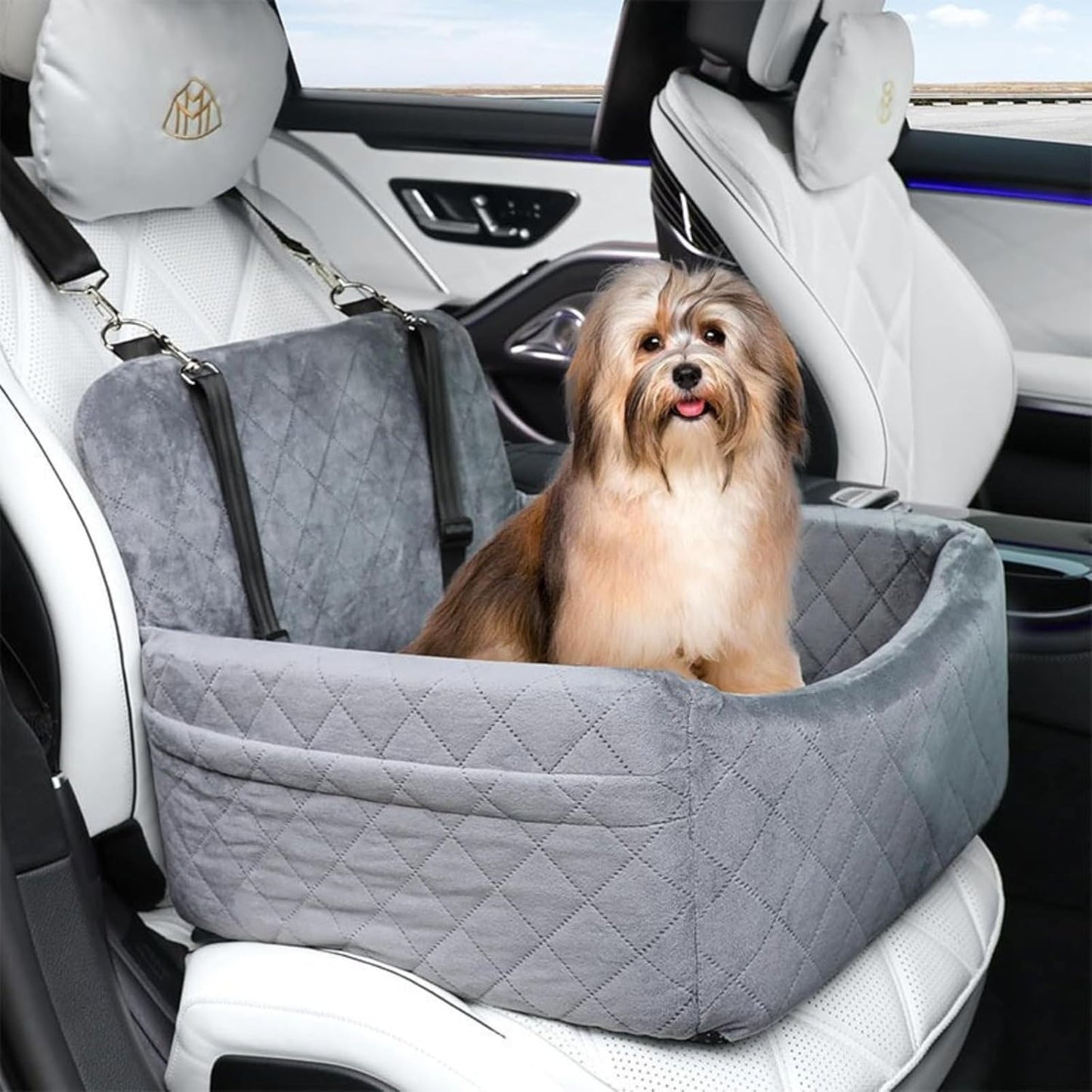 Dog Booster Seat for Small & Medium Dogs Under 30lbs | Detachable Washable Car Seat with Safety Belt & Storage Pockets | Travel Bed for Cars (Black,45 * 45 * 20cm)