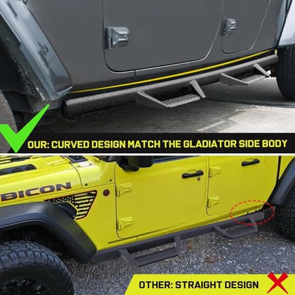 BINARY STAR Curve Design Running Boards Compatible with Vehicle 2020-2025 Jeep Gladiator Jt 4 Door, Rock Rails Sliders Drop Down Side Steps Made with Carbon Steel.