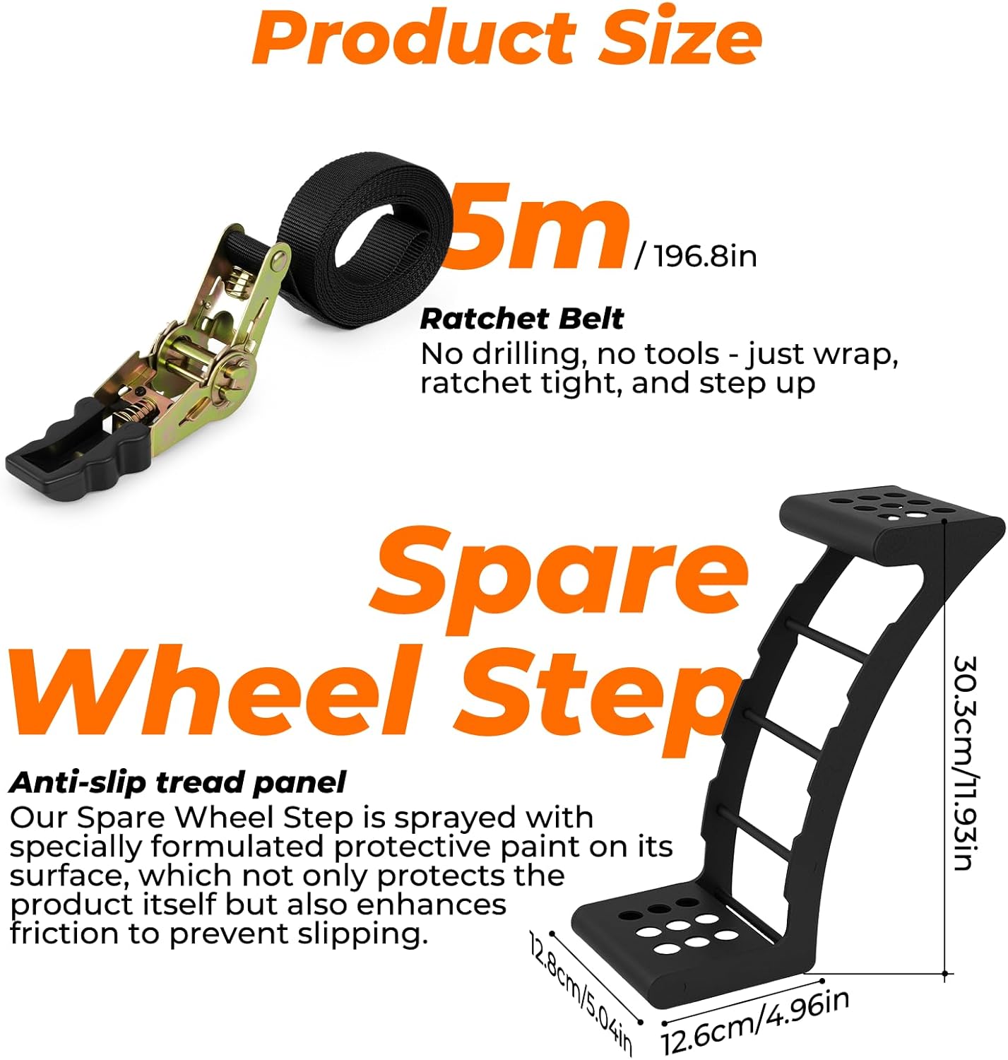 Spare Tired Step for SUV, Truck and RV with 5m Ratchet Strap Fit for 24"-35" Tires, No Drill Install