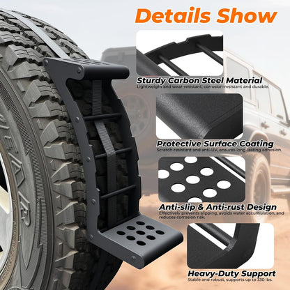 Spare Tired Step for SUV, Truck and RV with 5m Ratchet Strap Fit for 24"-35" Tires, No Drill Install