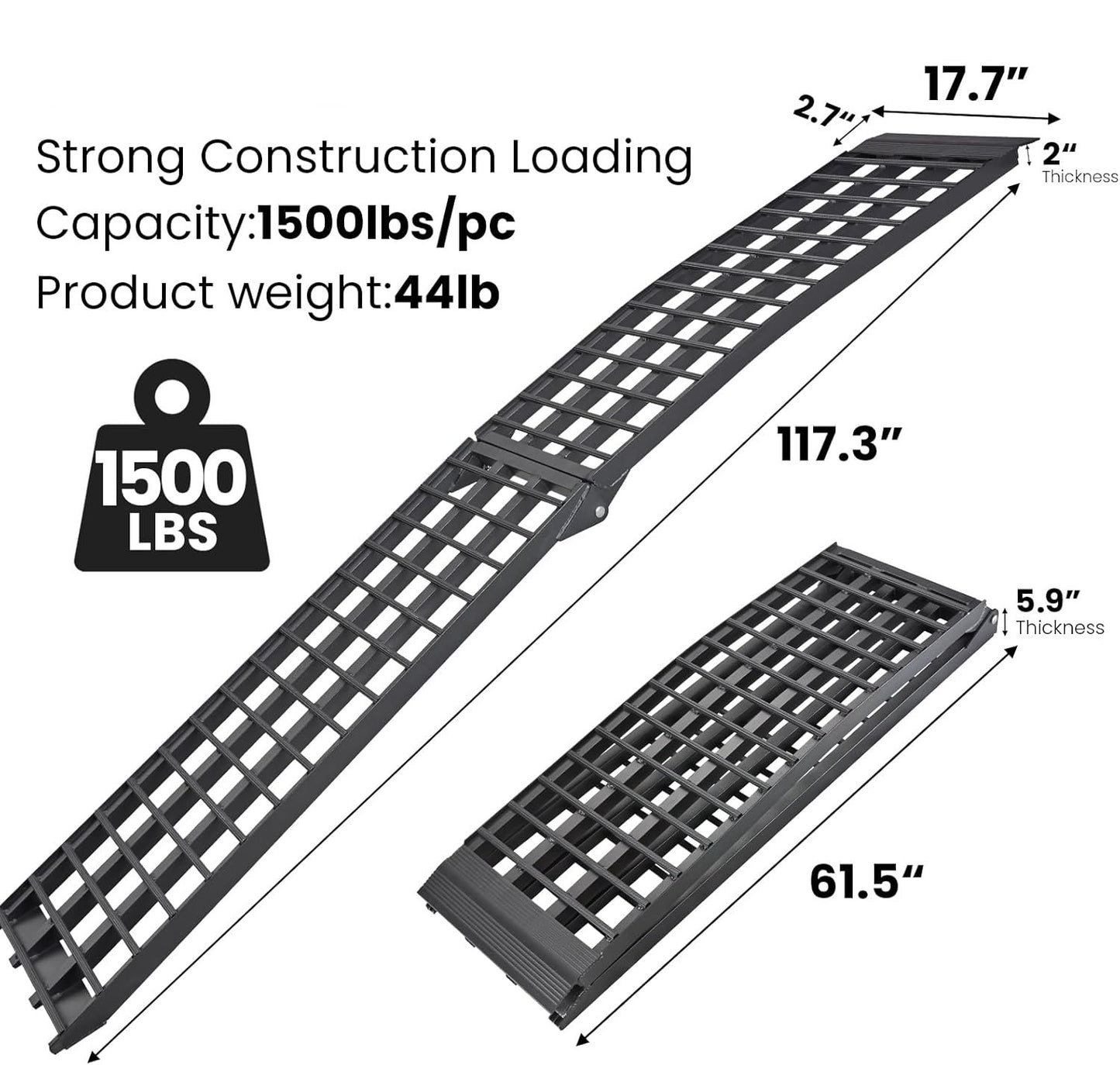 10ft Motorcycle Ramp 1500LBS Capacity, 120"x17.7" Black Truck Ramps, Loading Ramps for Pick Up Motorcycle, ATV, UTV, Dirt Bike, Lawn Mower, Golf Cart, Garden Tractor