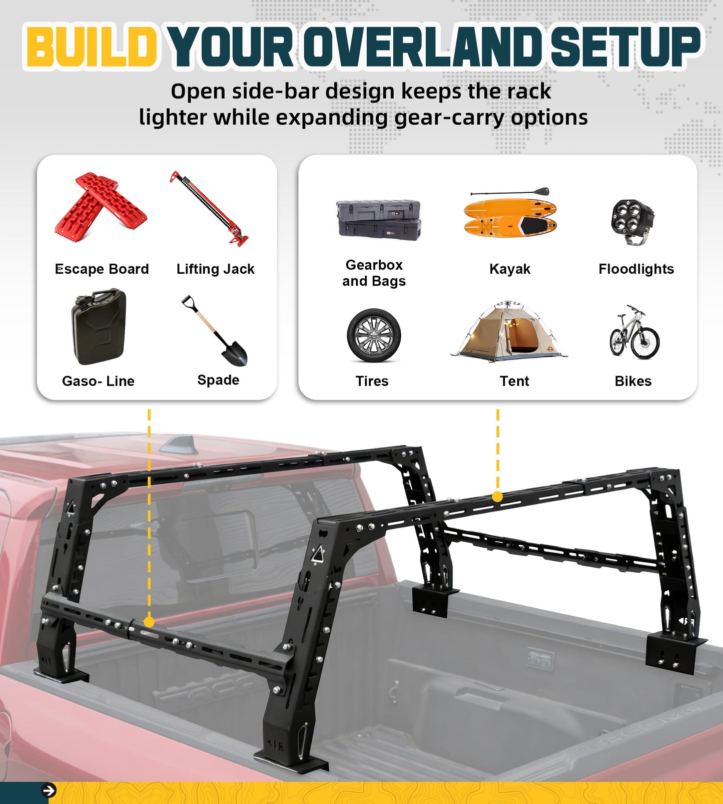 Overland Bed Rack Fit for Full-Size Pickups with Side Cross Bars, Fit for F150/Ram 1500/Silverado/Sierra