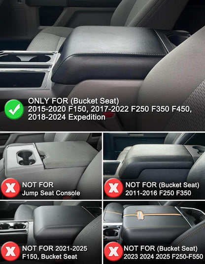 KBH Center Console Armrest Cover for 2015-2020 Ford F150, 2017-2022 F250 F350 F450 F550, 2018-2024 Expedition, Bucket Seat, PU Leather Cushion Thick Pad, Anti-Scratch, Black (Not for Other Years)