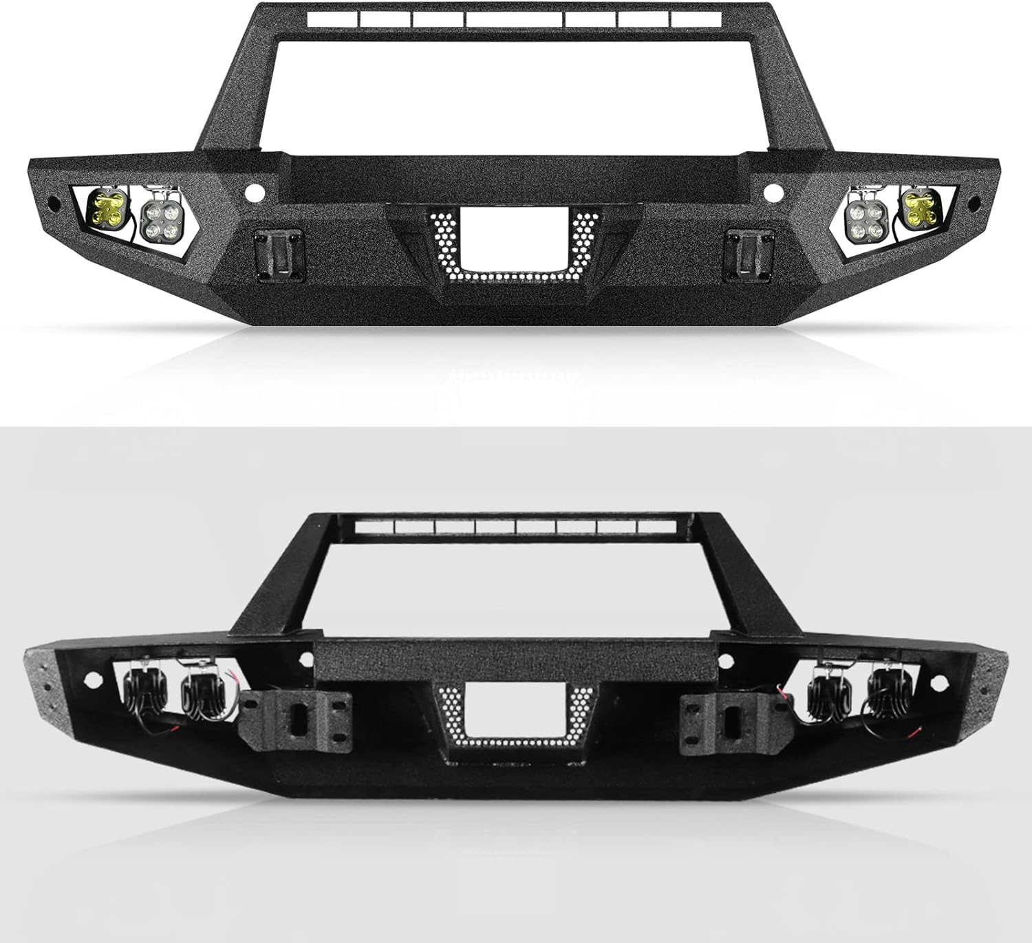 Off Road Front Bumper Fit for Ford Bronco 2021 2022 2023 2024 2025, Heavy Duty Steel Bumper Fit for Bronco 2/4 door W/Winch Plate, 4 x Lights, Sensor Holes, Shackle Mounts