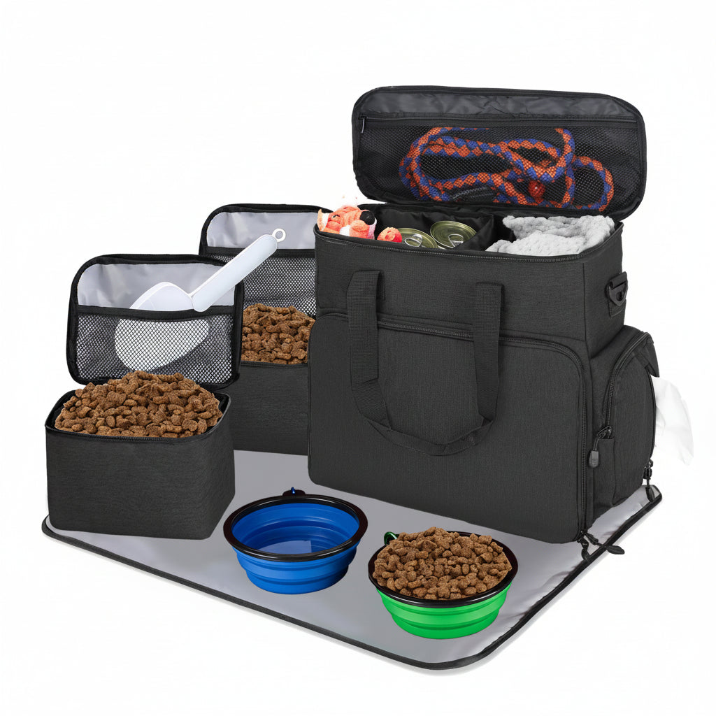 Dog Travel Bag Airline Approved–Pet Travel Tote with Collapsible Bowls,Food Containers & Feeding Mat–Multi-Pocket Organizer for Dogs & Cats, Durable & Water-Resistant for Hiking,Trips,Outdoors