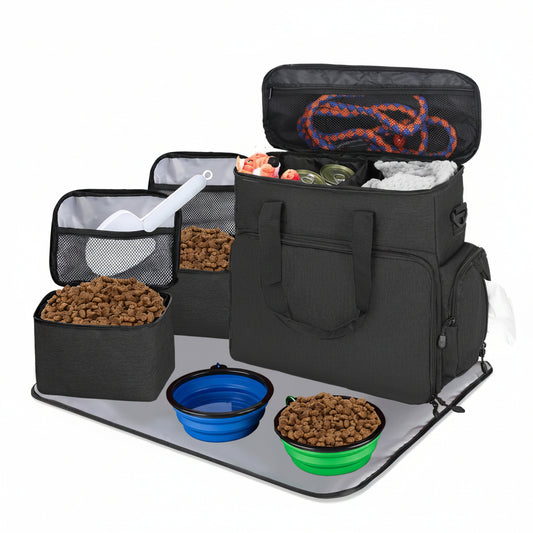 Dog Travel Bag Airline Approved–Pet Travel Tote with Collapsible Bowls,Food Containers & Feeding Mat–Multi-Pocket Organizer for Dogs & Cats, Durable & Water-Resistant for Hiking,Trips,Outdoors