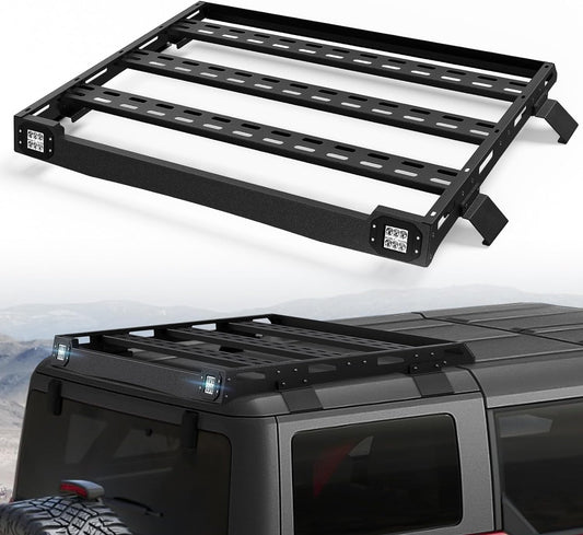 Bronco Half Short Roof Rack Rear Cargo Basket with 2 Pcs Led Light Bars Compatible 2021 2022 2023 2024 Ford Bronco Hardtop 4-Door (Exclude Bronco Sport) Rooftop Storage Carrier Luggage Rack
