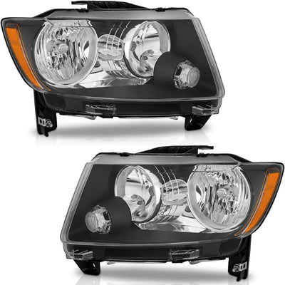 Headlights for 2011-2013 Jeep Grand Cherokee, 2011-2017 Jeep Compass - Black Housing, Amber Reflector, Left + Right