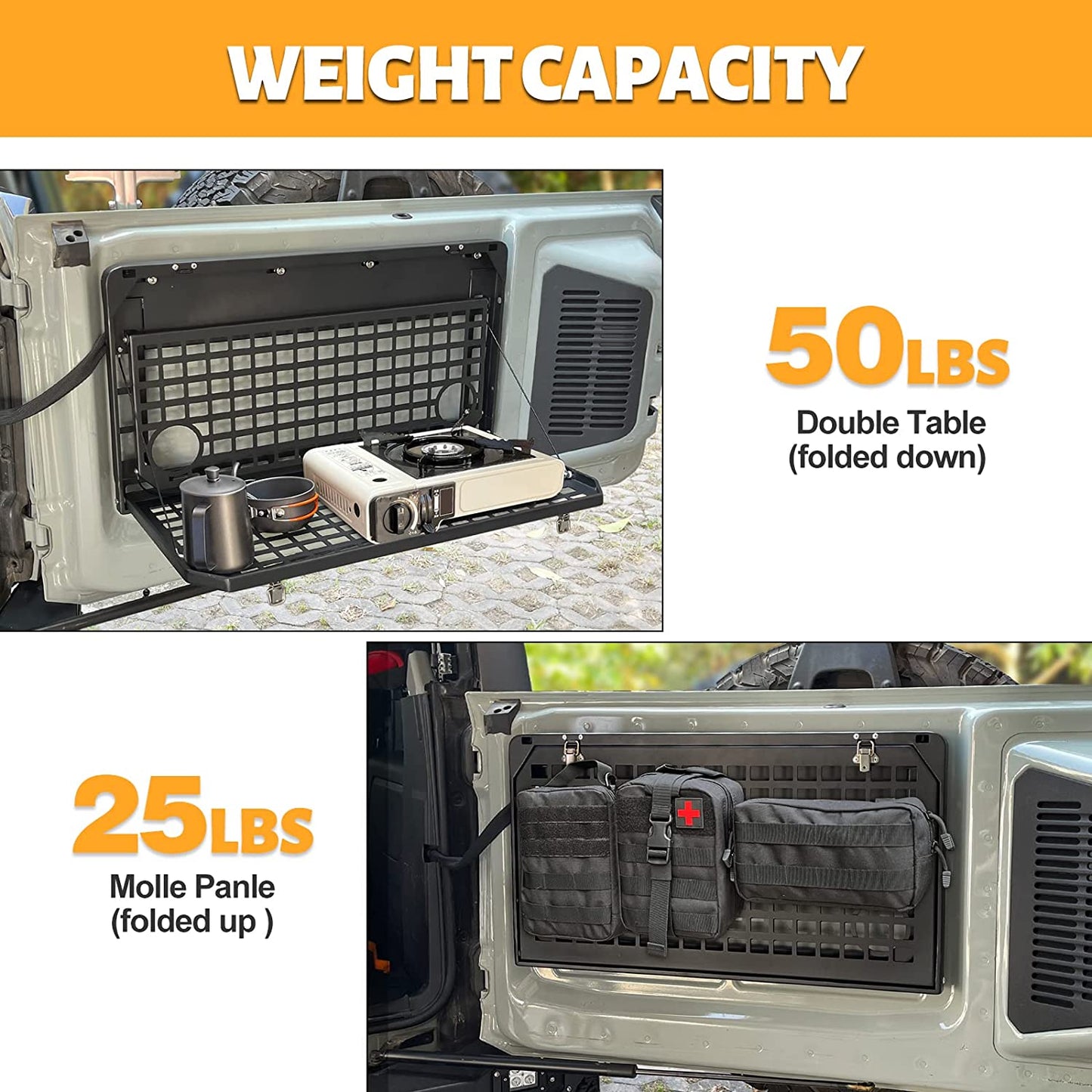 Tailgate Table Folding 2-Tier Rear Camping Cargo Storage Shelf for Ford Bronco Accessories 2021 2022 2023 2/4 Doors, Aluminum Alloy