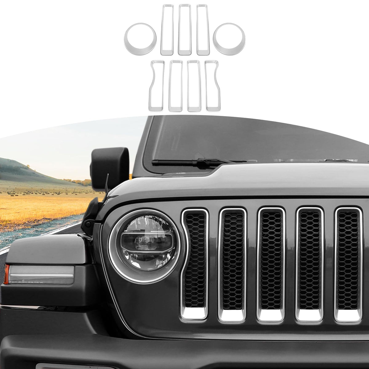 9pcs Mesh Front Grille Grill Insert Headlight Light Cover Trim for Jeep Wrangler JL JLU 2018-2022