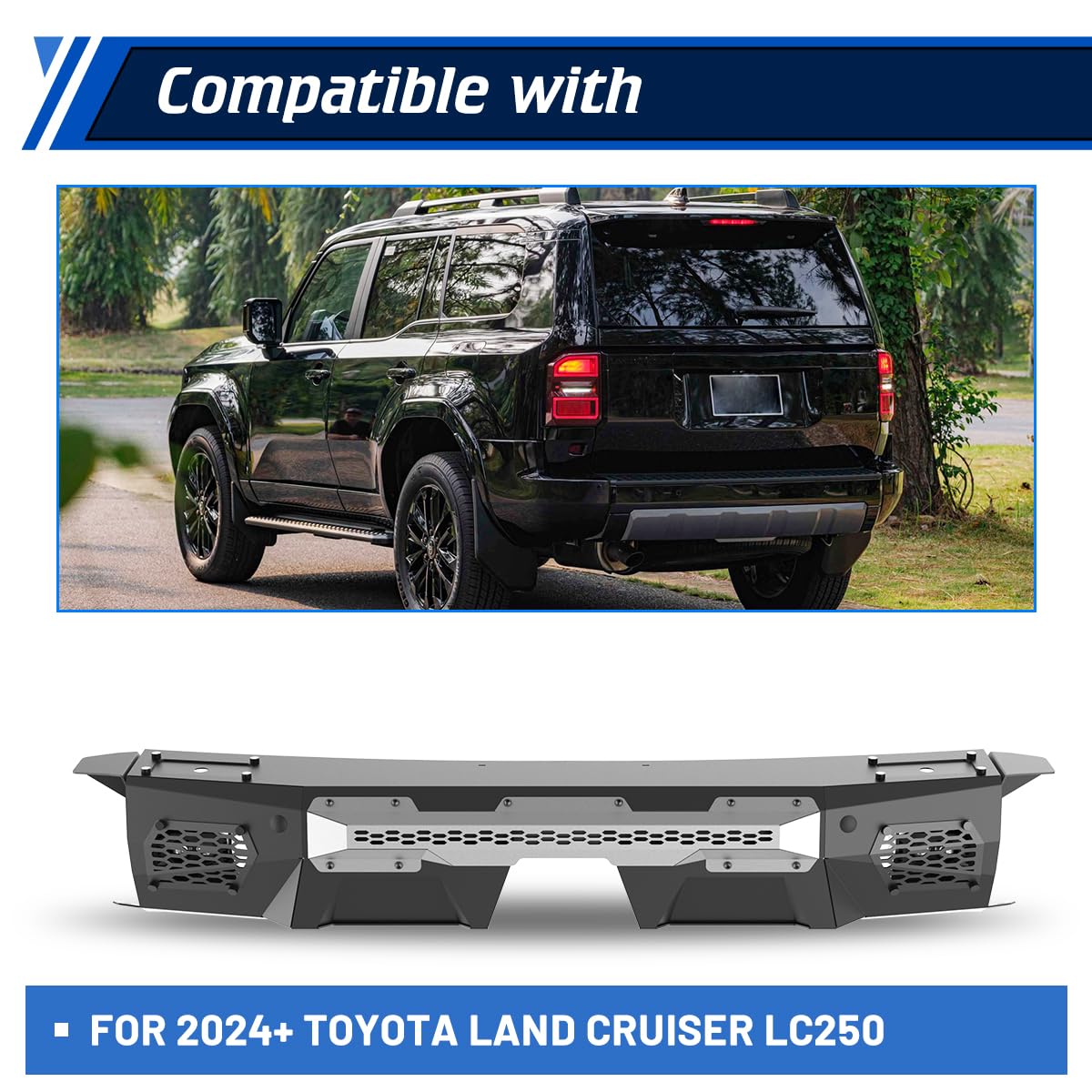 Rear Bumper Compatible with Toyota Land Cruiser LC250 2024 - 2026 with Side Wings & 2 * LED Pod Lights