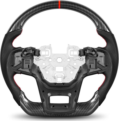 Steering Wheel for Ford Bronco 2021–2025 Hydro-Dip Carbon Fiber with D-Shaped Flat-Bottom Perforated Leather Grip Compatible with Bronco Big Bend/Outer Banks/Badlands/Wildtrak/First Edition