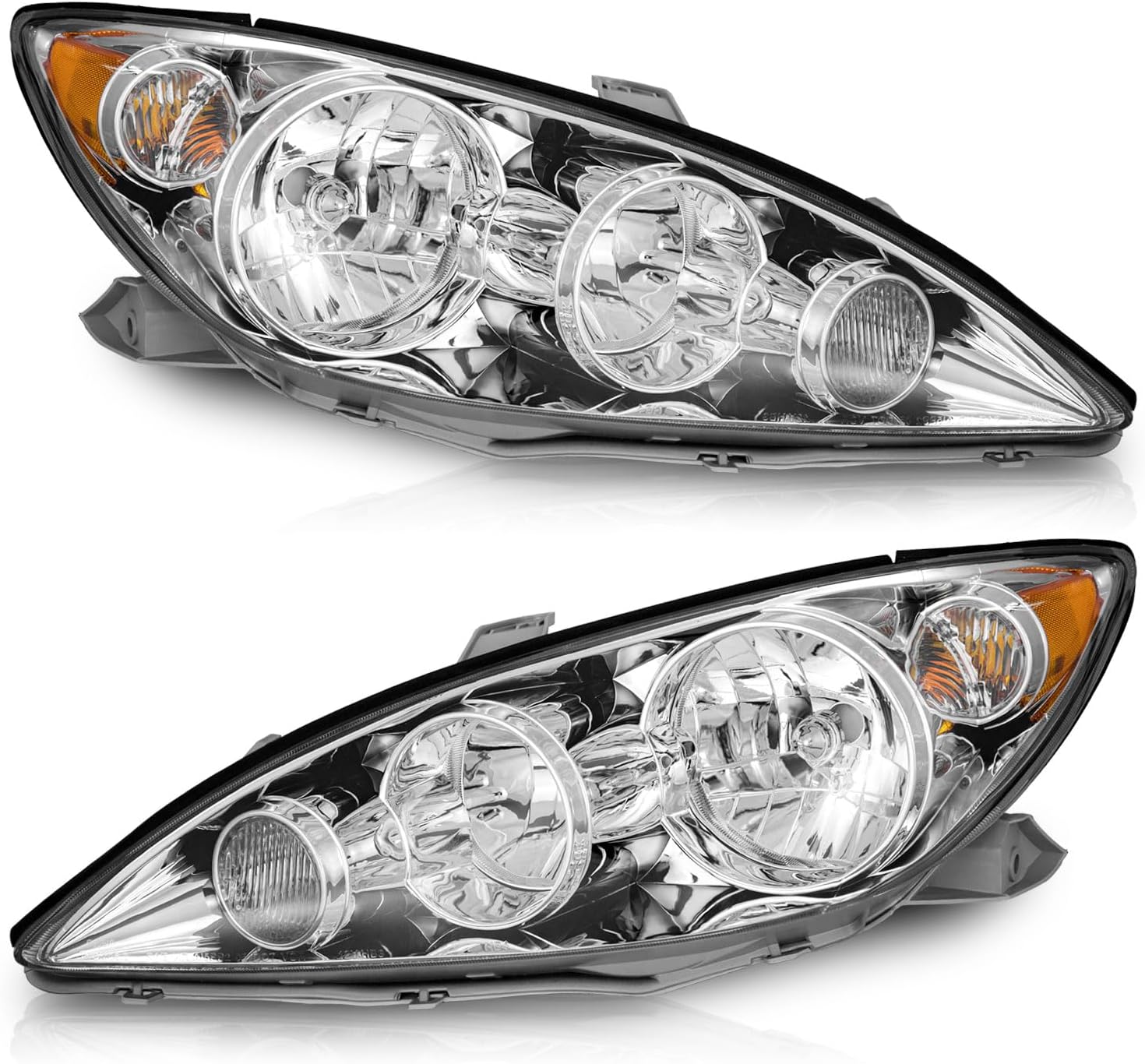 Headlight Assembly for 2005-2006 Toyota Camry - Black/Chrome Housing with Amber Reflector, Driver & Passenger Side - OMOTOR