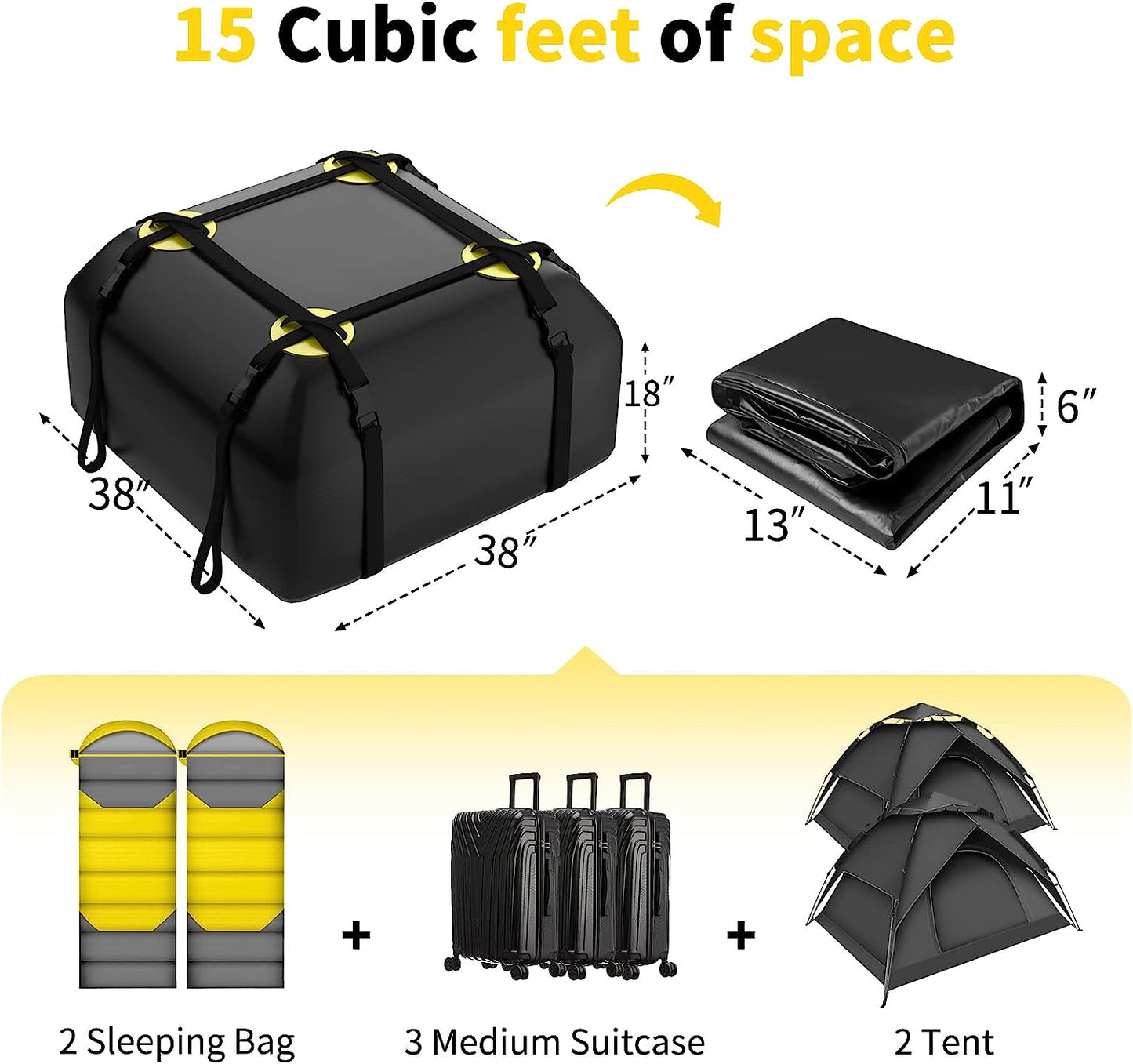 Rooftop Car Cargo Carrier Bag 15 Cubic Feet, Waterproof Car Rooftop Bag with Anti-Slip Mat and 6 Door Hooks, Suitable for All Vehicle with/Without Rack