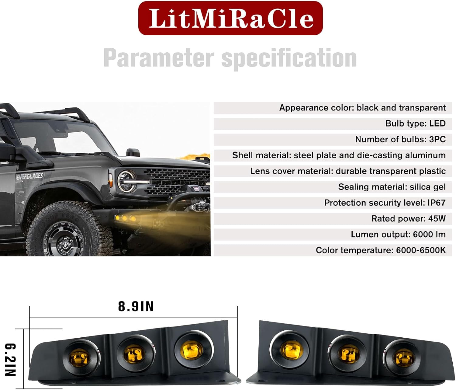 LED Front Bumper Fog Light with Mounts, Modular Bumper Fog Lamps Accessories, Ultra-Bright Amber Light Source Compatible with Ford Bronco 2021 2022 2023 2/4 Door