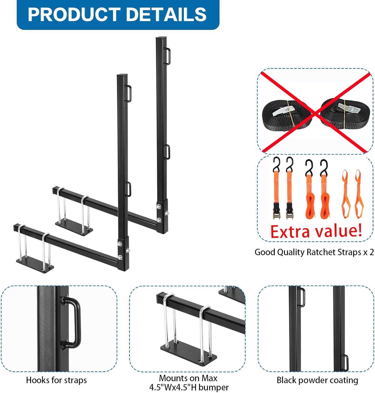 RV Tote Tank Carrier, Heavy Duty Steel RV Bumper Mount Tote Tank Holder with 2 Ratchet Straps, Fit Max 4.5" Bumper