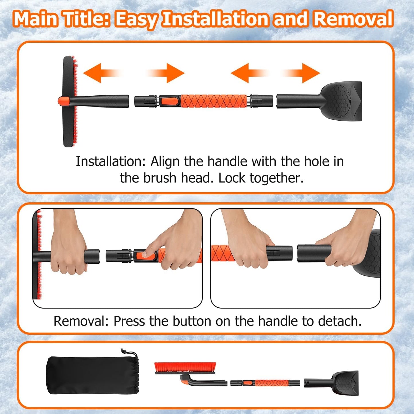 [2025 Upgrade Extendable Car Snow Brush and Ice Scraper [3-in-1] Clean Snow, Ice and Frost, 45''Adjustable Length with 360° Rotating Brush Head, Suitable for All Cars-Medium