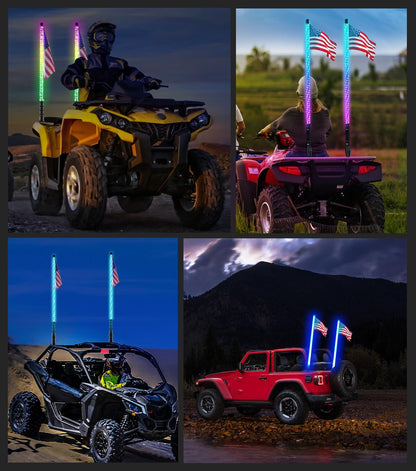 2pcs 4ft LED Whip Lights New Upgrade Spring Base with Bluetooth and Remote Control Spiral RGB Chase Light - OMOTOR