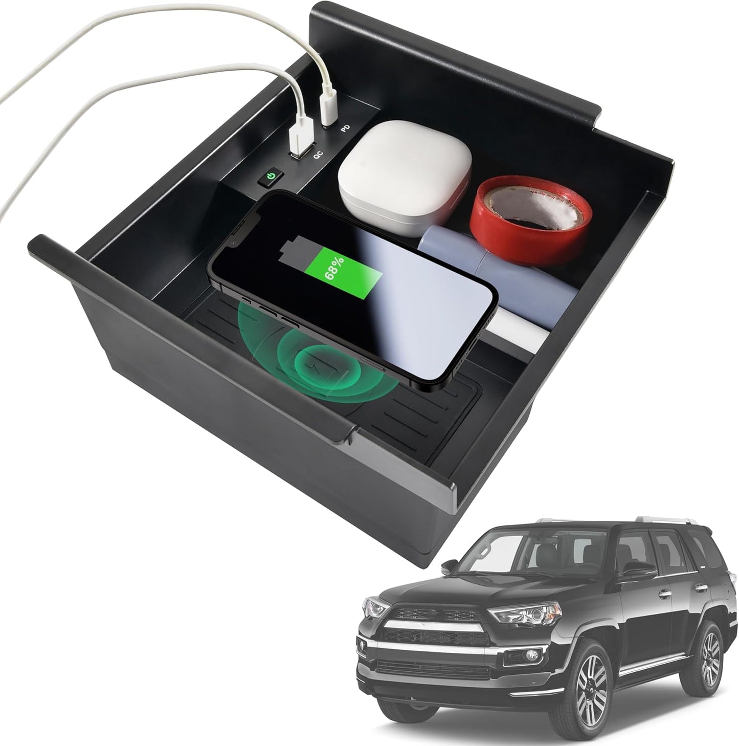 Wireless Charger for Toyota 4runner 2010-2024, Center Console Organizer Tray USB-A USB-C Fast Wireless Charging Pad Armrest Storage Box for Toyota 4runner 5th Gen SR5 TRD Accessories