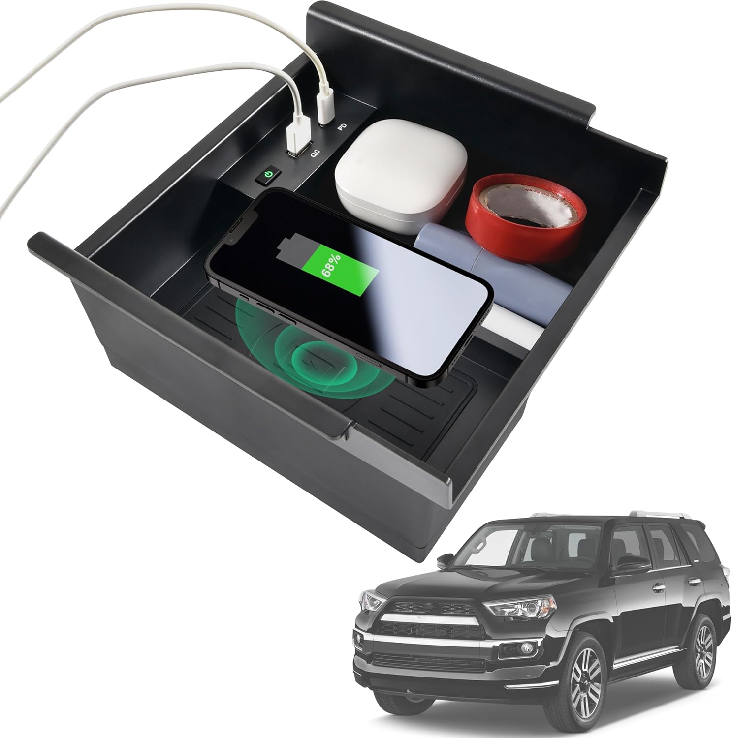 Wireless Charger for Toyota 4runner 2010-2024, Center Console Organizer Tray USB-A USB-C Fast Wireless Charging Pad Armrest Storage Box for Toyota 4runner 5th Gen SR5 TRD Accessories