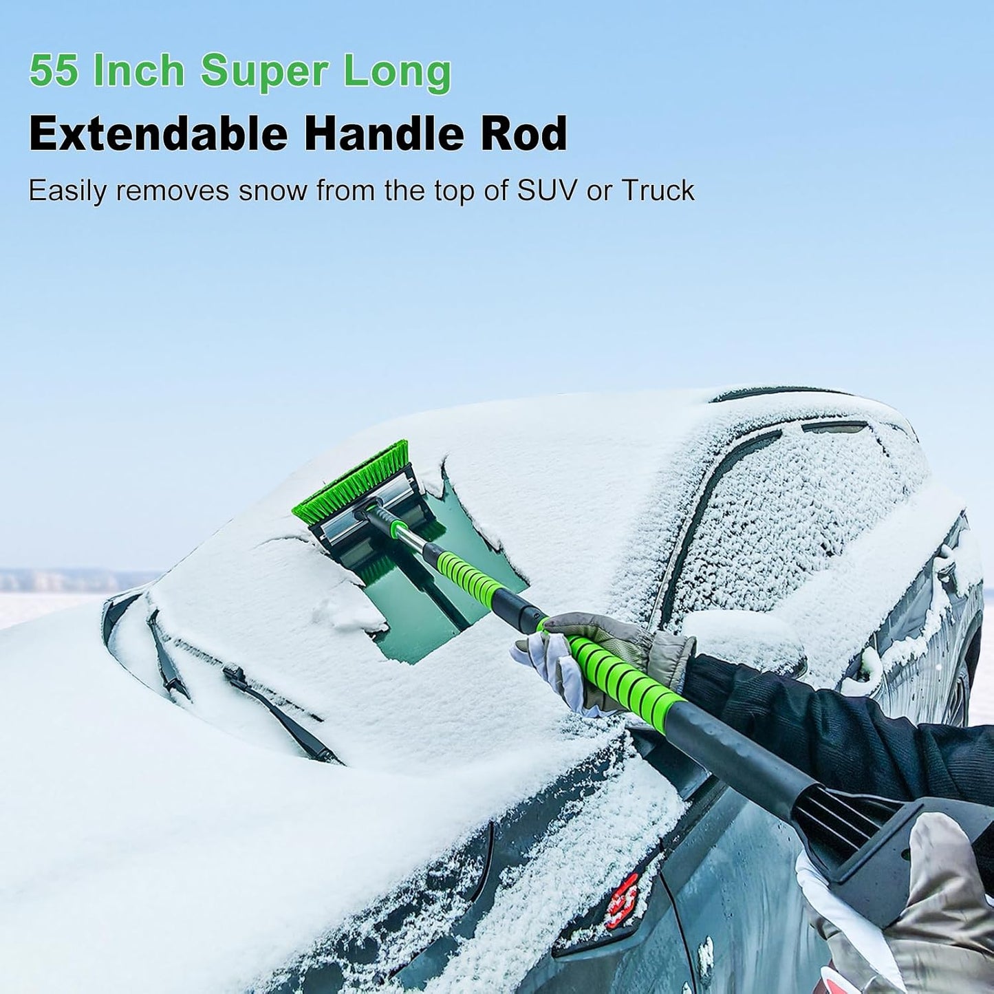 SEAAES 55 Inch Ice Scraper and Snow Brush with Squeegee, Extendable Snow Ice Removal with Foam Grip for Windshield SUV Truck Vehicle Window