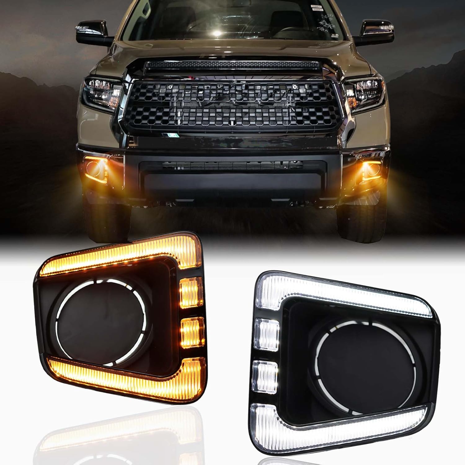 Switchback White/Amber LED Front Bumper Fog Light DRL Amber Sequential Turn Signal Feature Compatible with Toyota Tundra 2014-2021 Replacement Front Bumper Trim