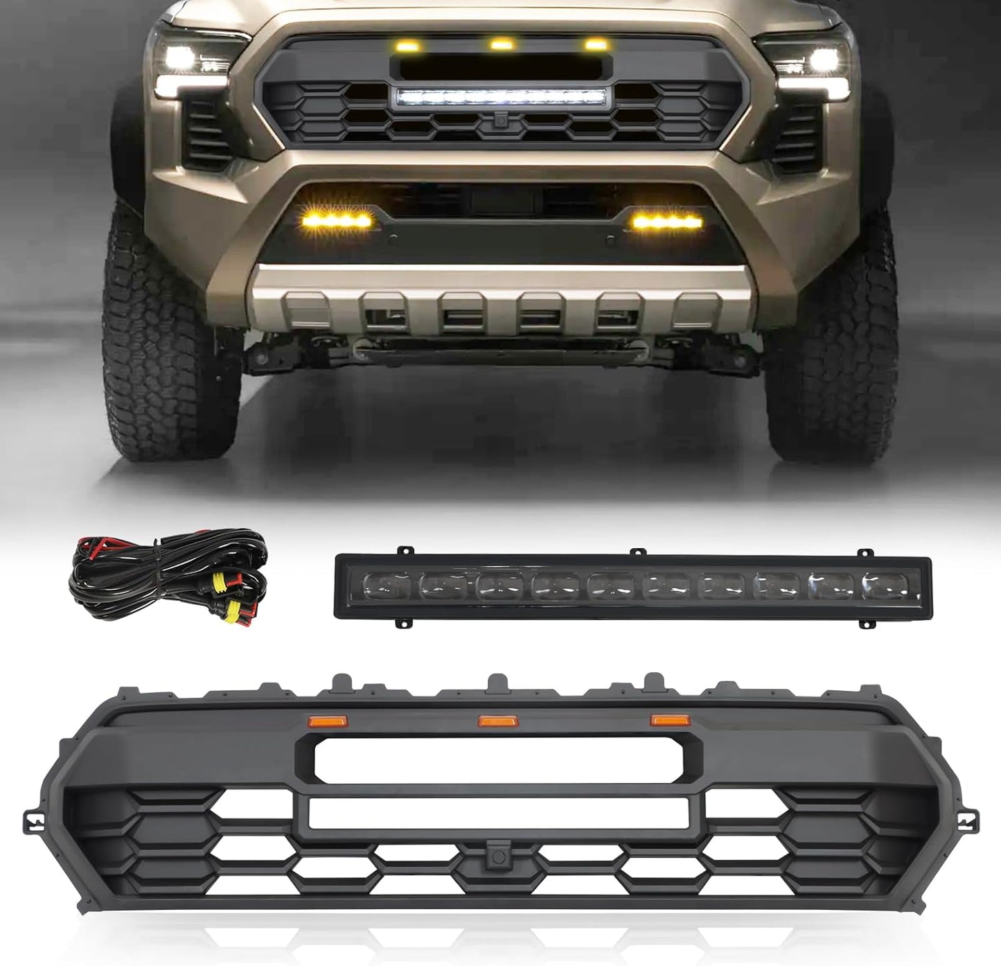 2024 Tacoma Grill Front Hollow Grill Compatible with 2024 2025 Tacoma, ABS grille with high-mount amber LED accent lights and LED Light （Glossy Black Style）