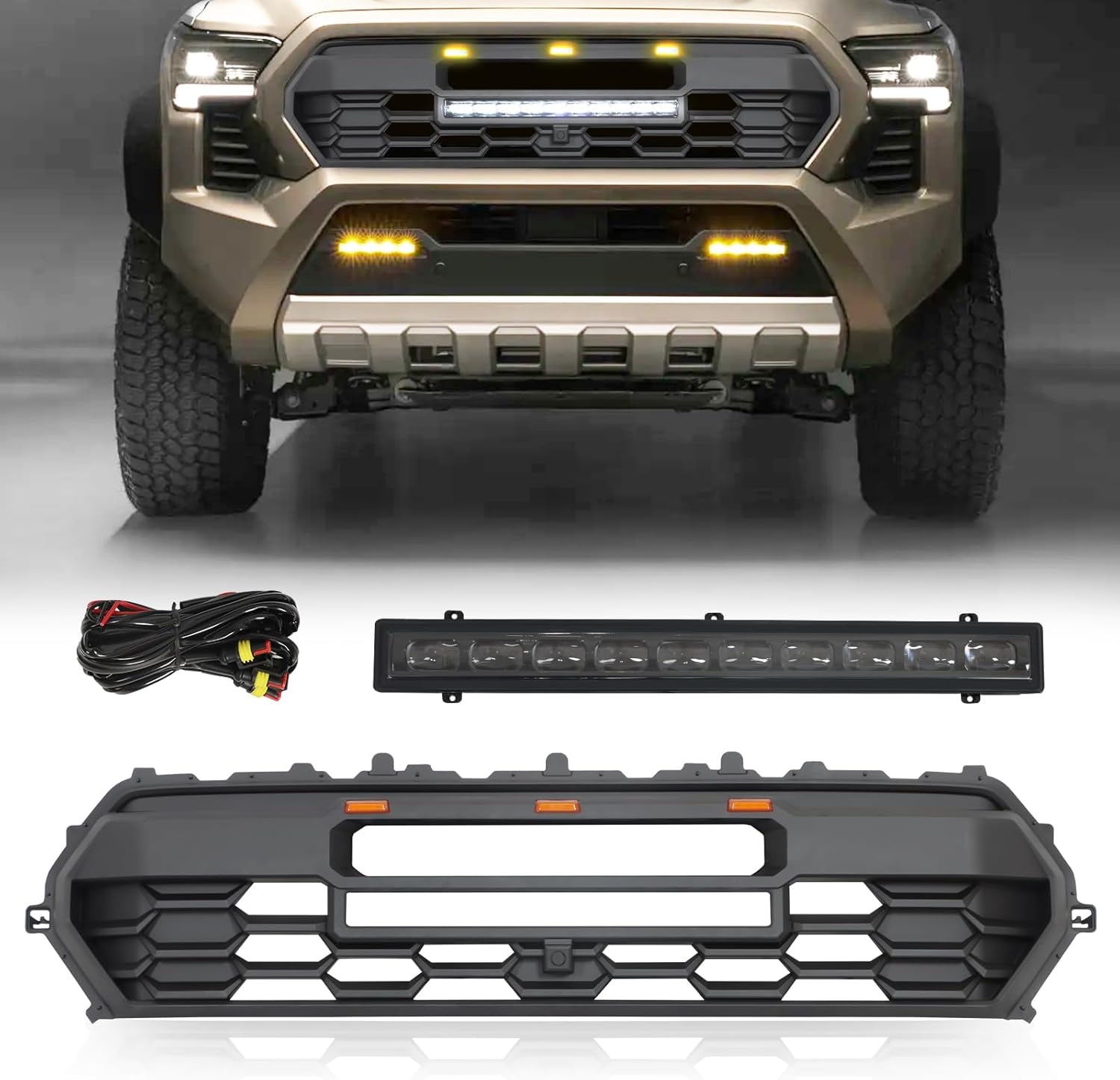 Front Hollow Grill with high-mount amber LED accent lights and LED Light Compatible with 2024 2025 Tacoma （Glossy Black Style）