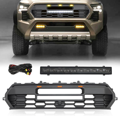Front Hollow Grill with high-mount amber LED accent lights and LED Light Compatible with 2024 2025 Tacoma （Glossy Black Style）
