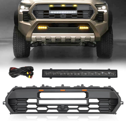 2024 Tacoma Grill Front Hollow Grill Compatible with 2024 2025 Tacoma, ABS grille with high-mount amber LED accent lights and LED Light （Glossy Black Style）